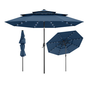 10 Feet Solar Patio Umbrella with 32 LED Lights 3-Tier Vented Top-Navy