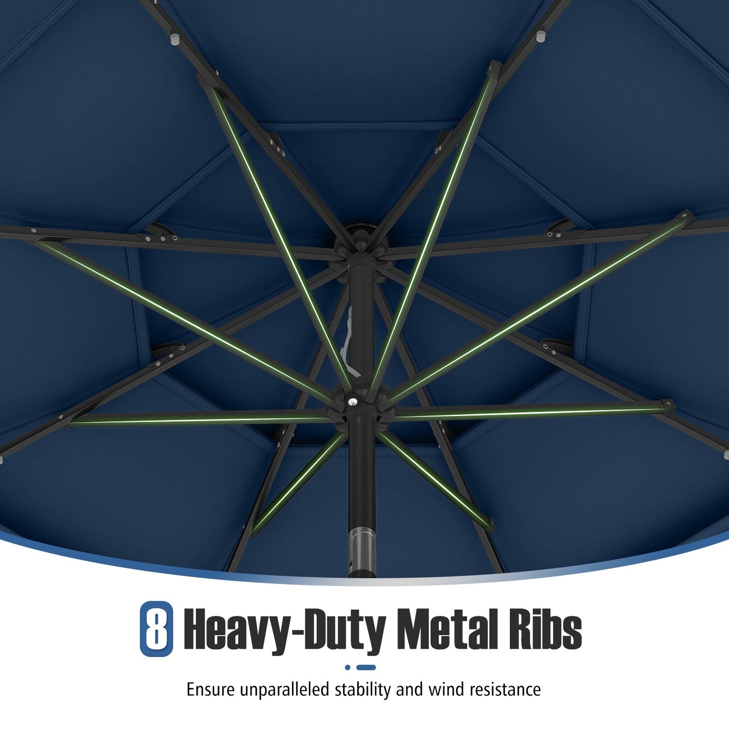 10 Feet Solar Patio Umbrella with 32 LED Lights 3-Tier Vented Top-Navy by DirectDeals