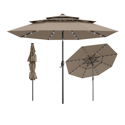 10 Feet Solar Patio Umbrella with 32 LED Lights 3-Tier Vented Top-Taupe