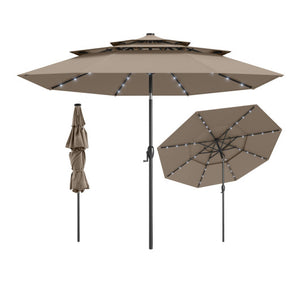 10 Feet Solar Patio Umbrella with 32 LED Lights 3-Tier Vented Top-Taupe