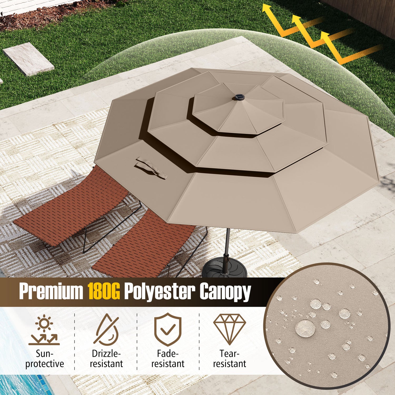 10 Feet Solar Patio Umbrella with 32 LED Lights 3-Tier Vented Top-Taupe