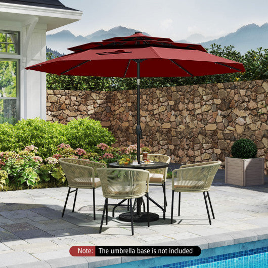 10 Feet Solar Patio Umbrella with 32 LED Lights 3-Tier Vented Top-Wine
