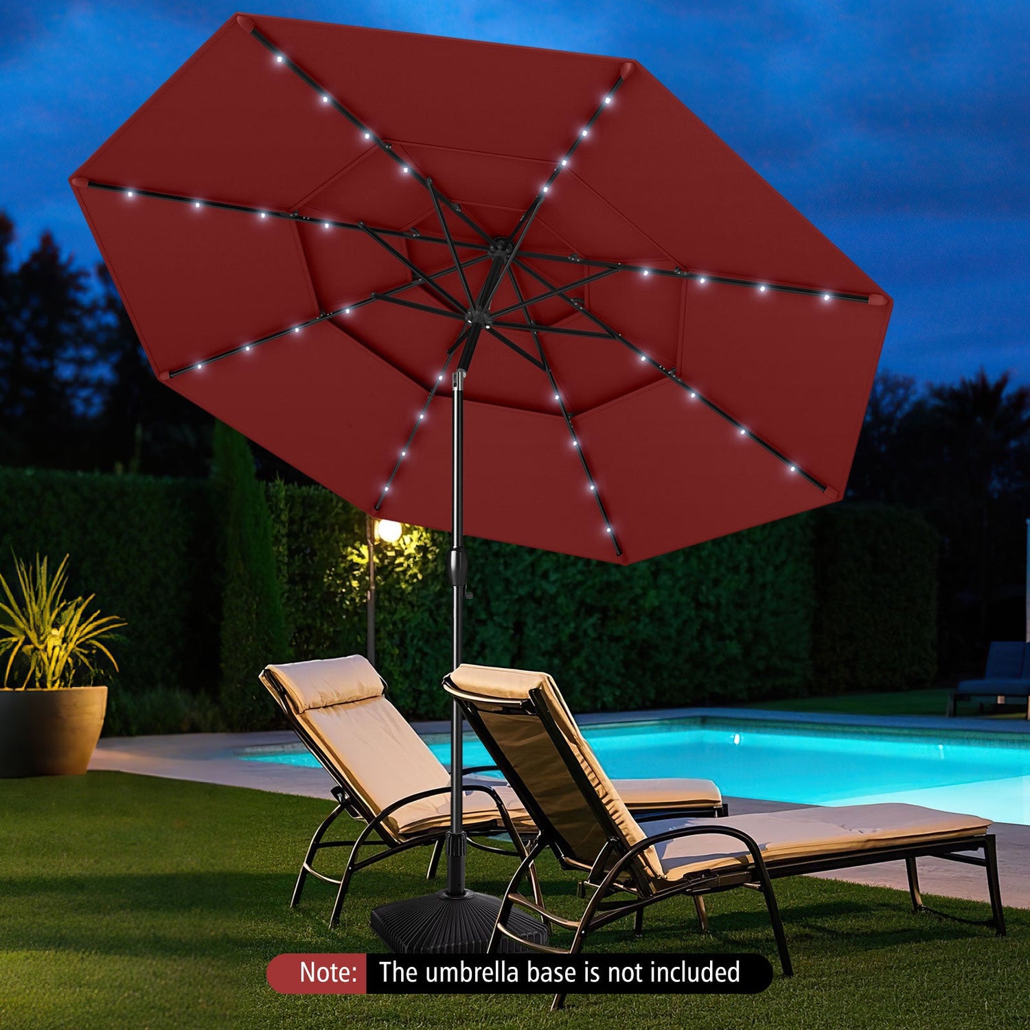 10 Feet Solar Patio Umbrella with 32 LED Lights 3-Tier Vented Top-Wine by DirectDeals