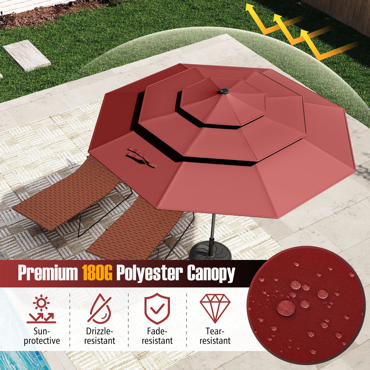 10 Feet Solar Patio Umbrella with 32 LED Lights 3-Tier Vented Top-Wine by DirectDeals