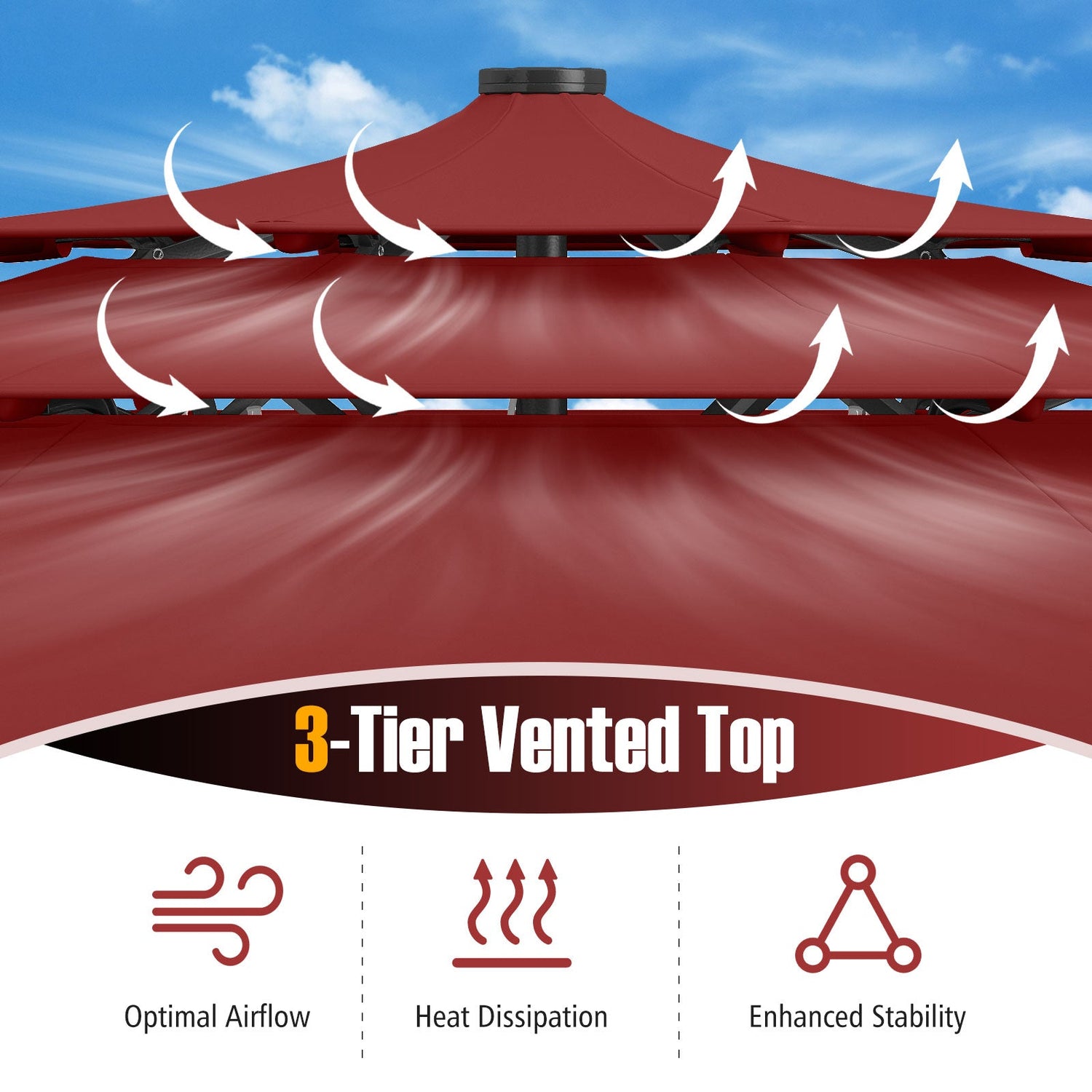 10 Feet Solar Patio Umbrella with 32 LED Lights 3-Tier Vented Top-Wine by DirectDeals