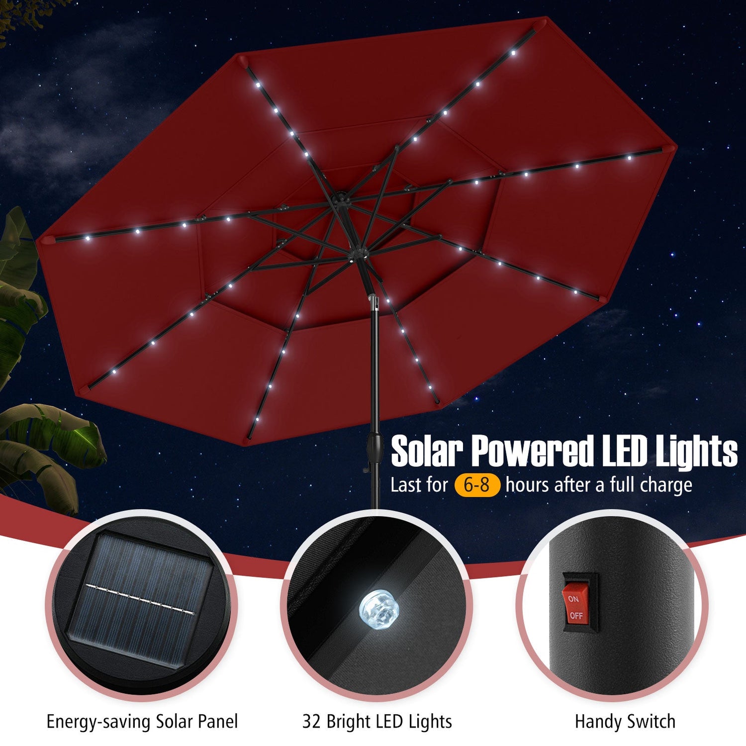 10 Feet Solar Patio Umbrella with 32 LED Lights 3-Tier Vented Top-Wine by DirectDeals