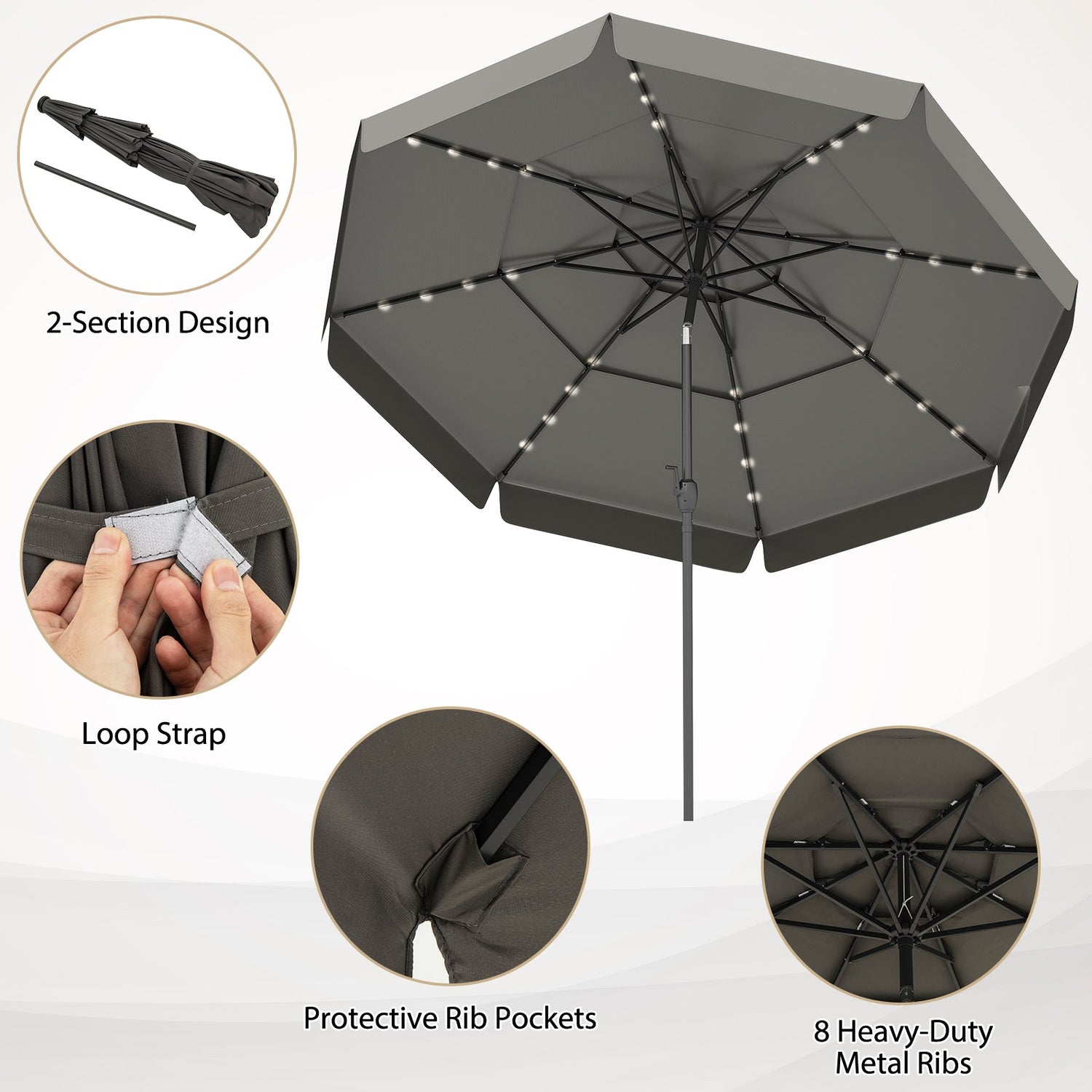 10 Feet Solar Patio Umbrella with 3-Tier Vented Top-Gray by DirectDeals