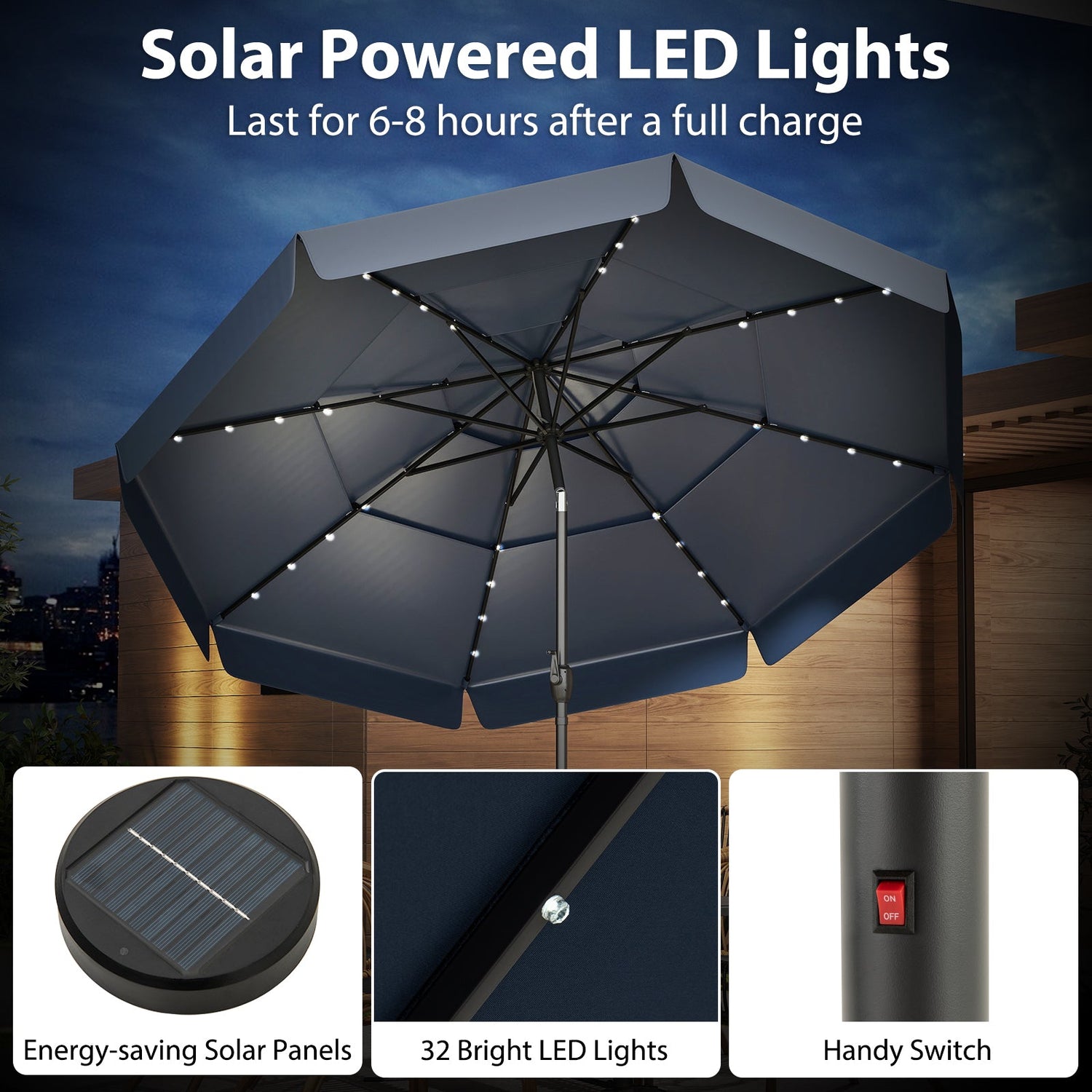 10 Feet Solar Patio Umbrella with 3-Tier Vented Top-Navy by DirectDeals