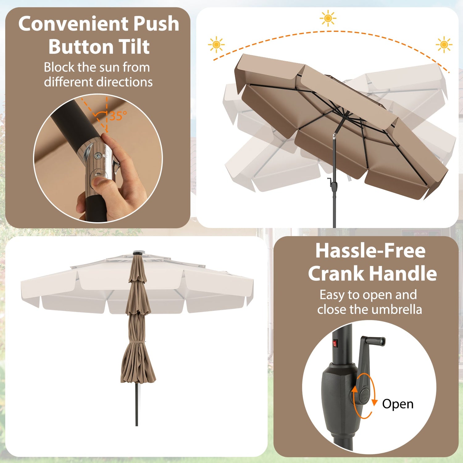 10 Feet Solar Patio Umbrella with 3-Tier Vented Top-Taupe by DirectDeals