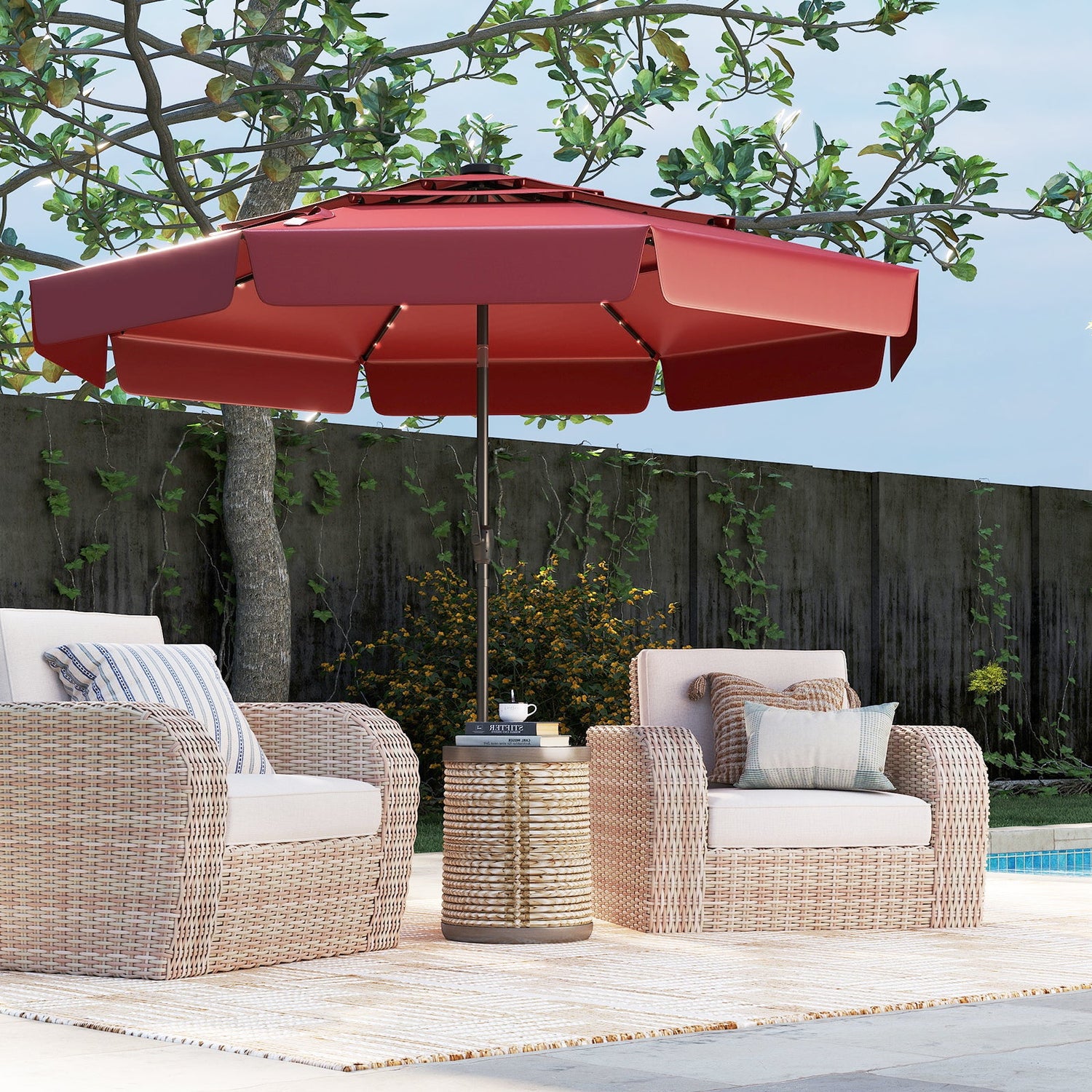 10 Feet Solar Patio Umbrella with 3-Tier Vented Top-Red by DirectDeals