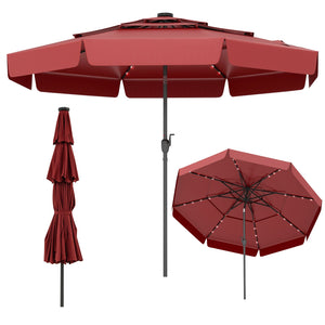 10 Feet Solar Patio Umbrella with 3-Tier Vented Top-Red by DirectDeals