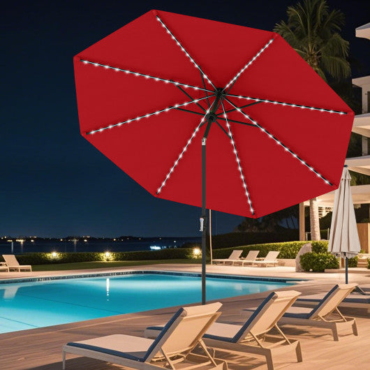 10 Feet Solar Patio Umbrella with 96 Multi-Colored Flowing LED Lights and Tilt Adjustment-Red