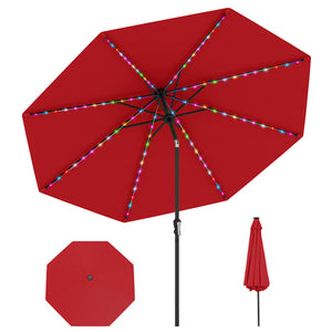 10 Feet Solar Patio Umbrella with 96 Multi-Colored Flowing LED Lights and Tilt Adjustment-Red