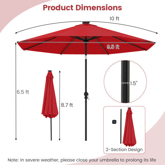 10 Feet Solar Patio Umbrella with 96 Multi-Colored Flowing LED Lights and Tilt Adjustment-Red