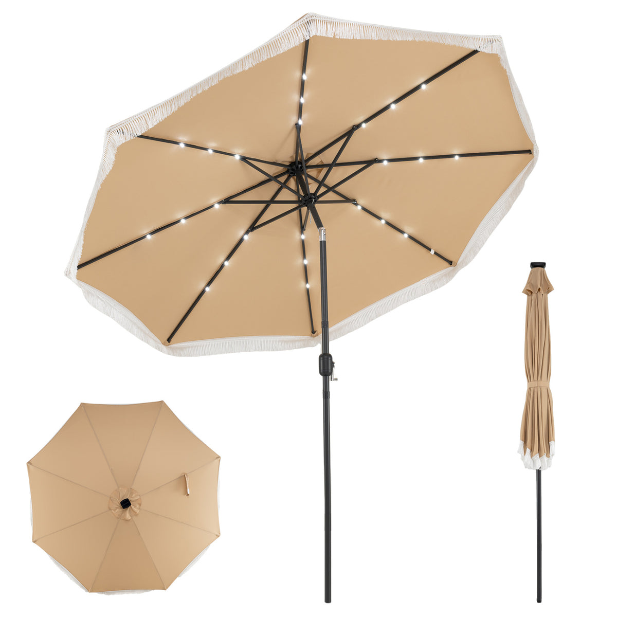 10 Feet Solar Patio Umbrella with 24 LED Lights for Yard-Beige