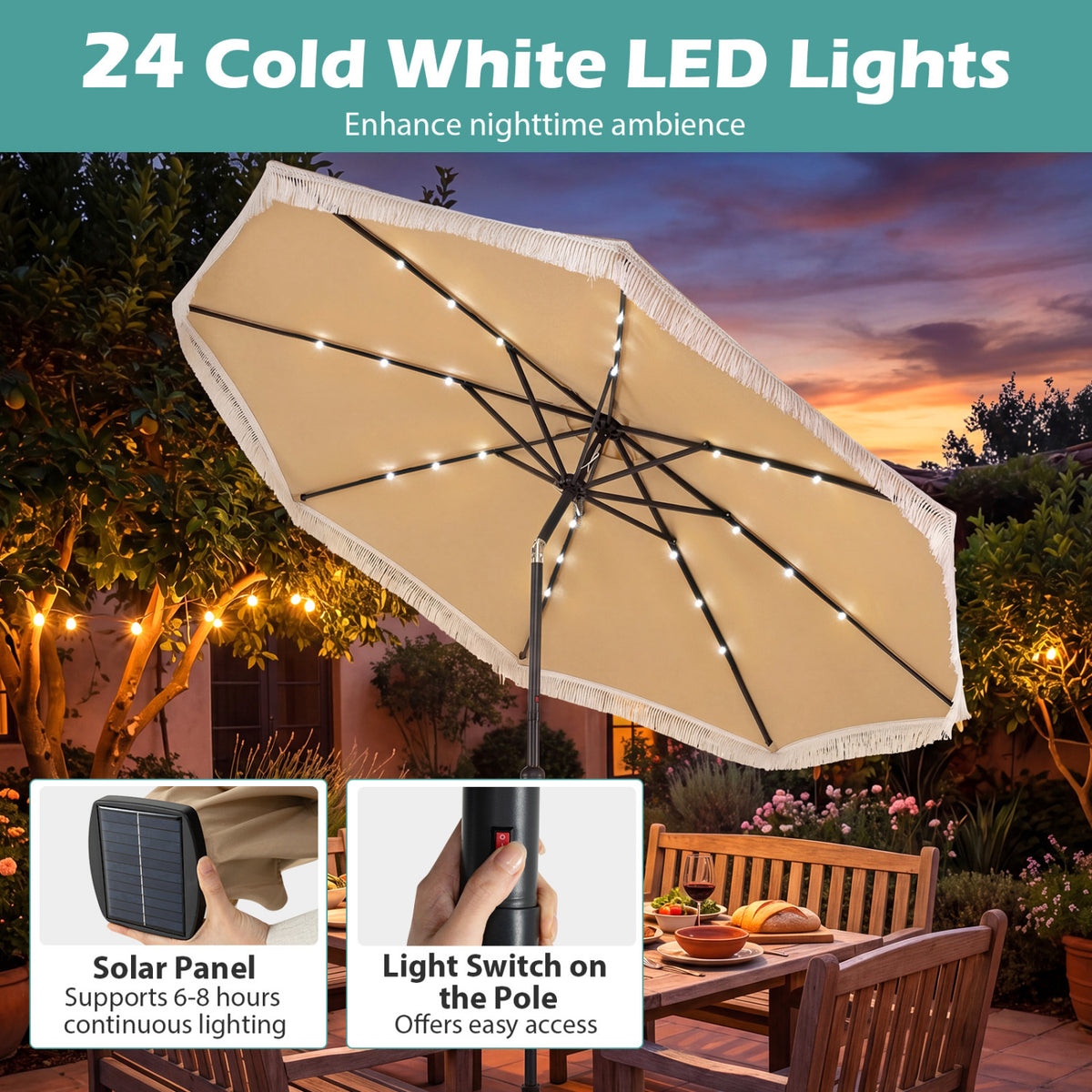 10 Feet Solar Patio Umbrella with 24 LED Lights for Yard-Beige