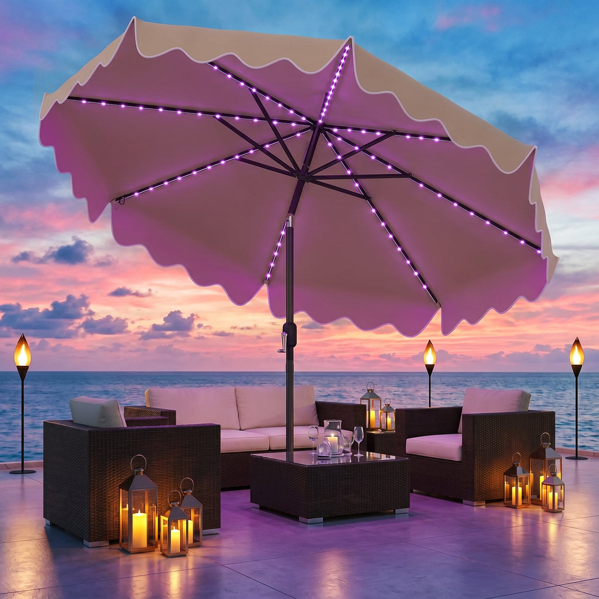 10 Feet Solar Patio Umbrella with Color-Changing LED Lights-Beige