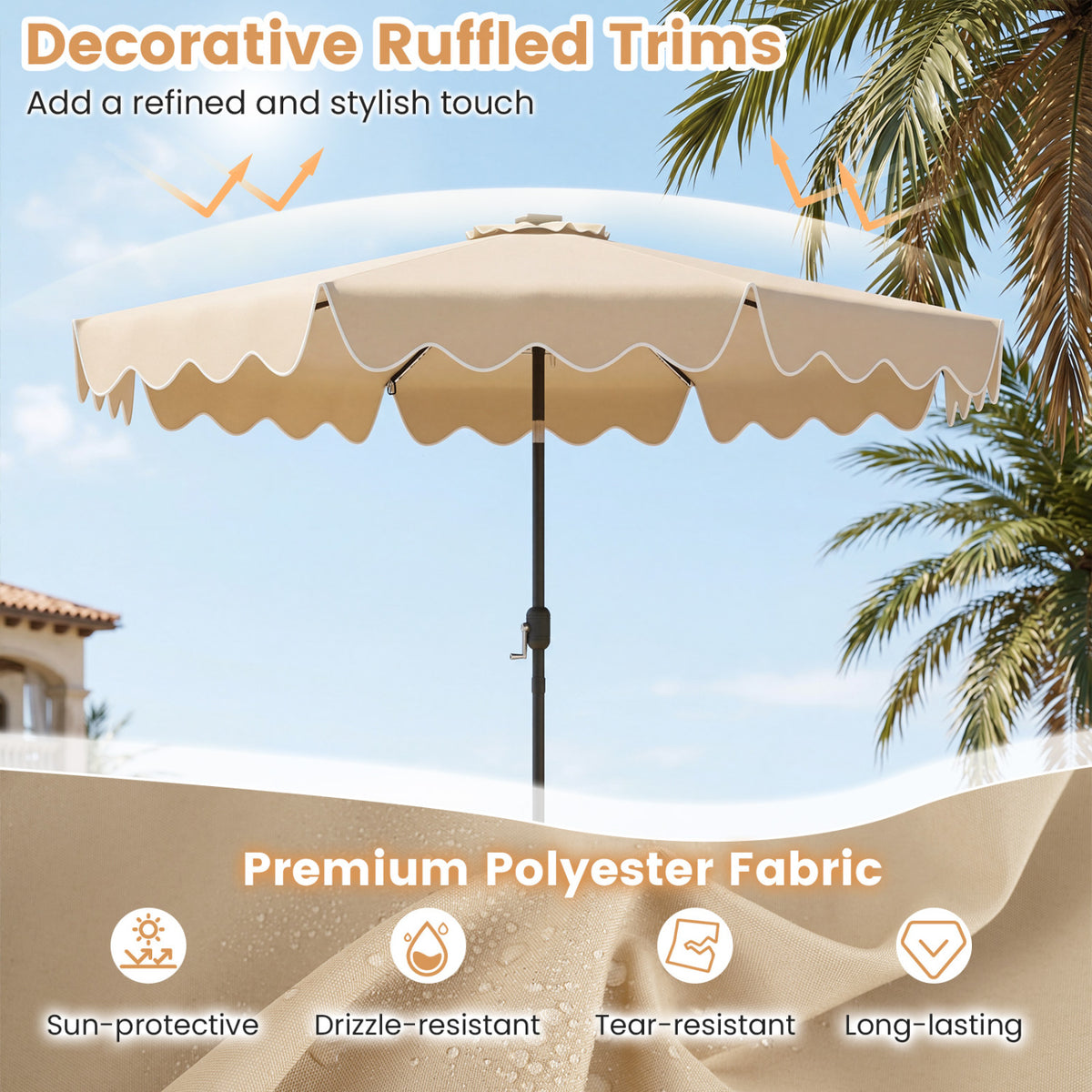 10 Feet Solar Patio Umbrella with Color-Changing LED Lights-Beige