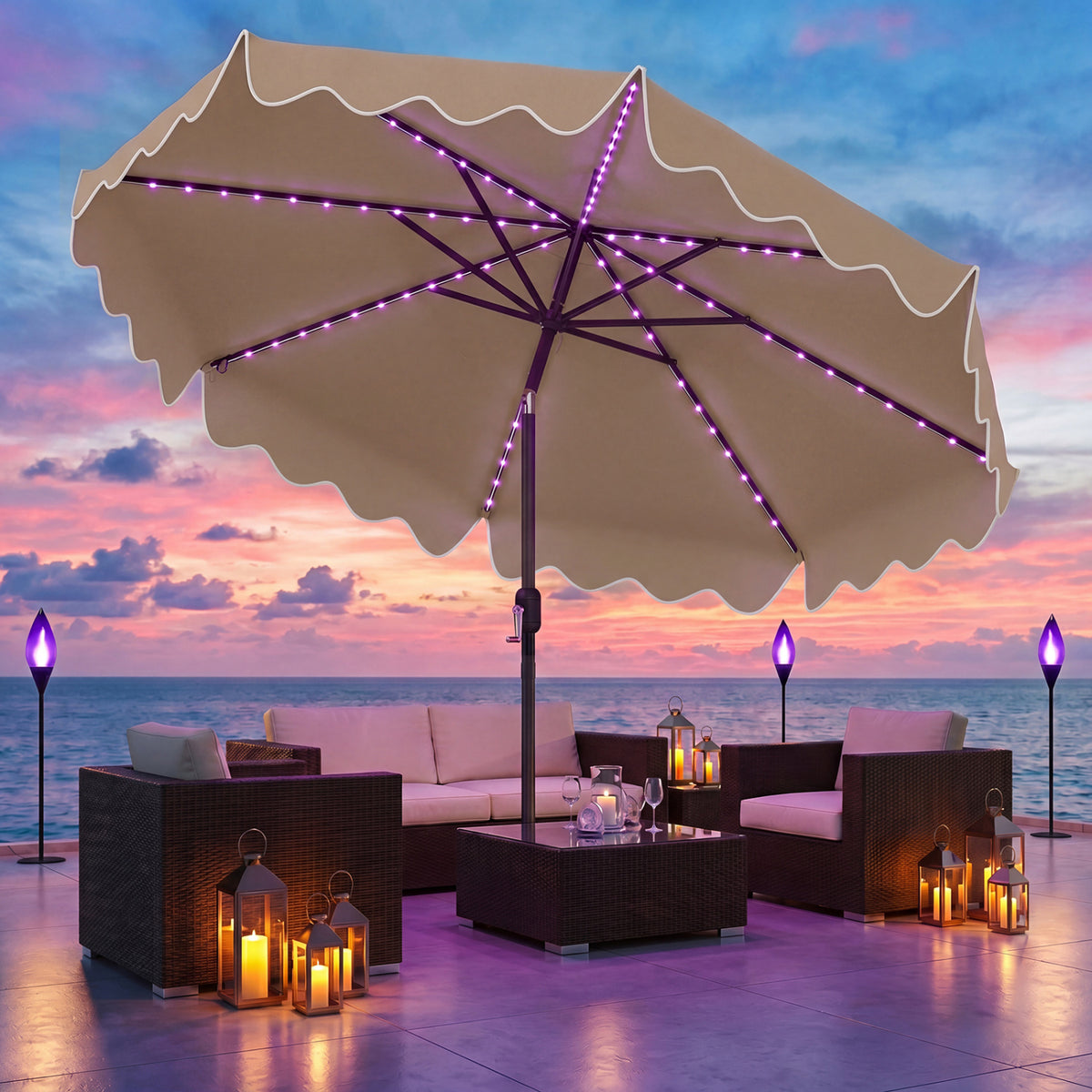 10 Feet Solar Patio Umbrella with Color-Changing LED Lights-Brown