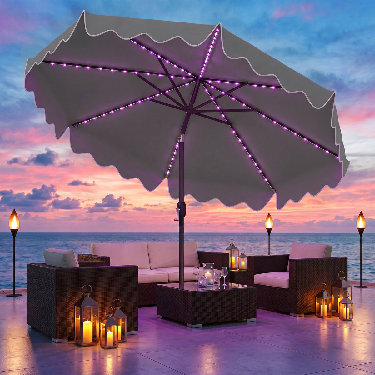 10 Feet Solar Patio Umbrella with Color-Changing LED Lights-Gray