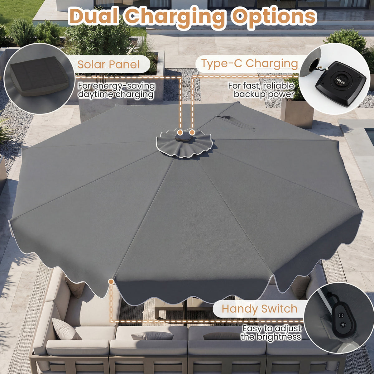 10 Feet Solar Patio Umbrella with Color-Changing LED Lights-Gray