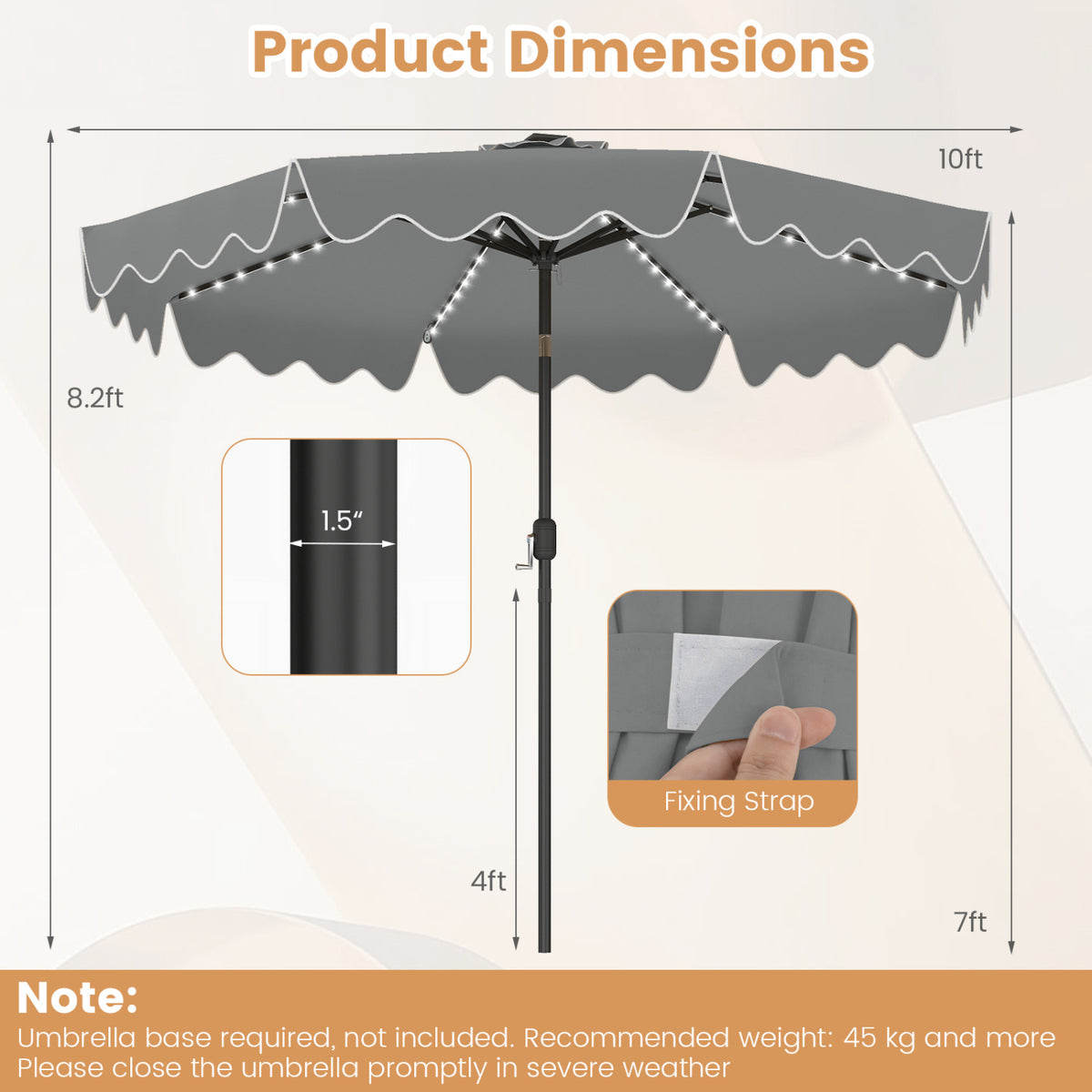 10 Feet Solar Patio Umbrella with Color-Changing LED Lights-Gray
