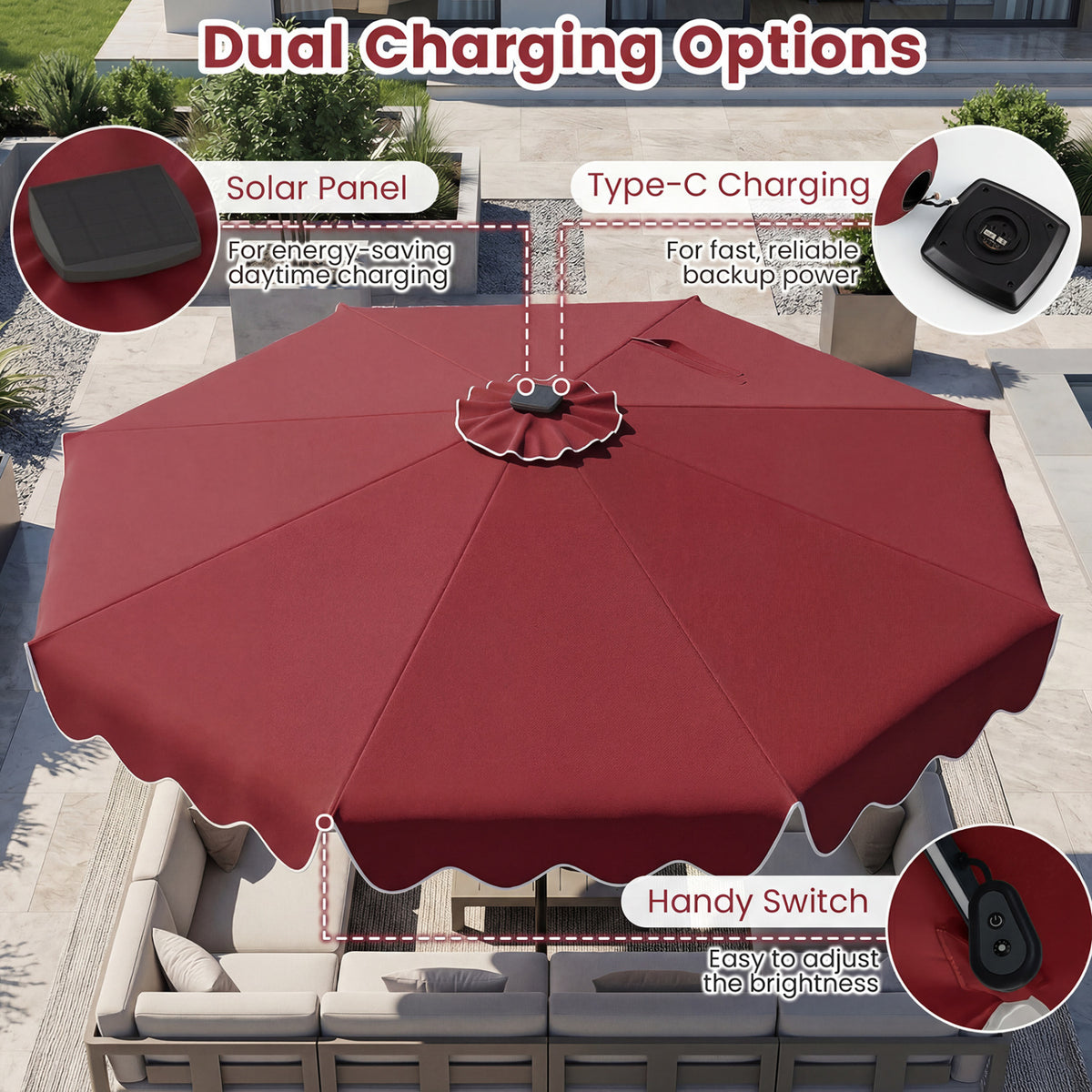 10 Feet Solar Patio Umbrella with Color-Changing LED Lights-Wine