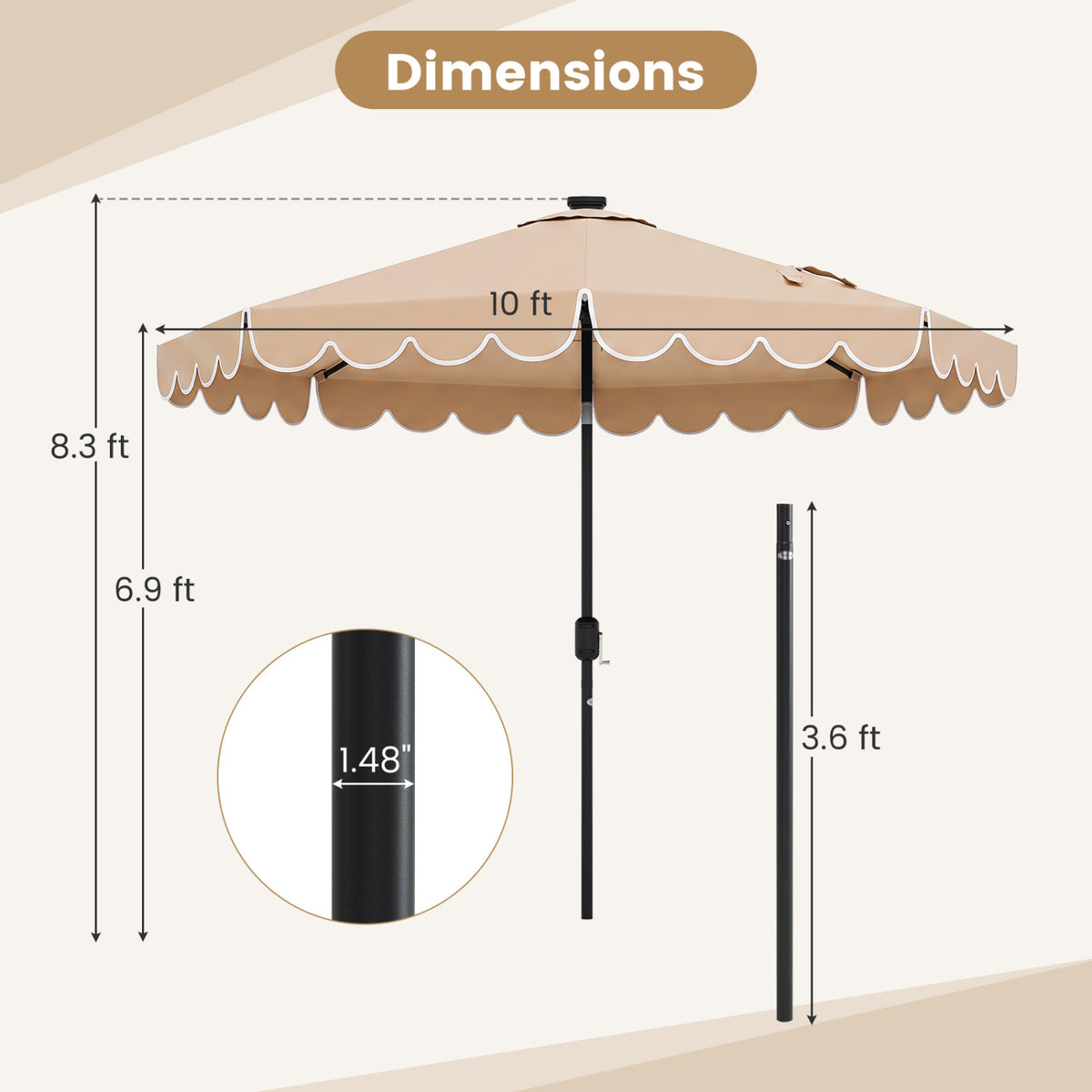 10 Feet Solar Patio Umbrella with 24 LED Lights-Beige