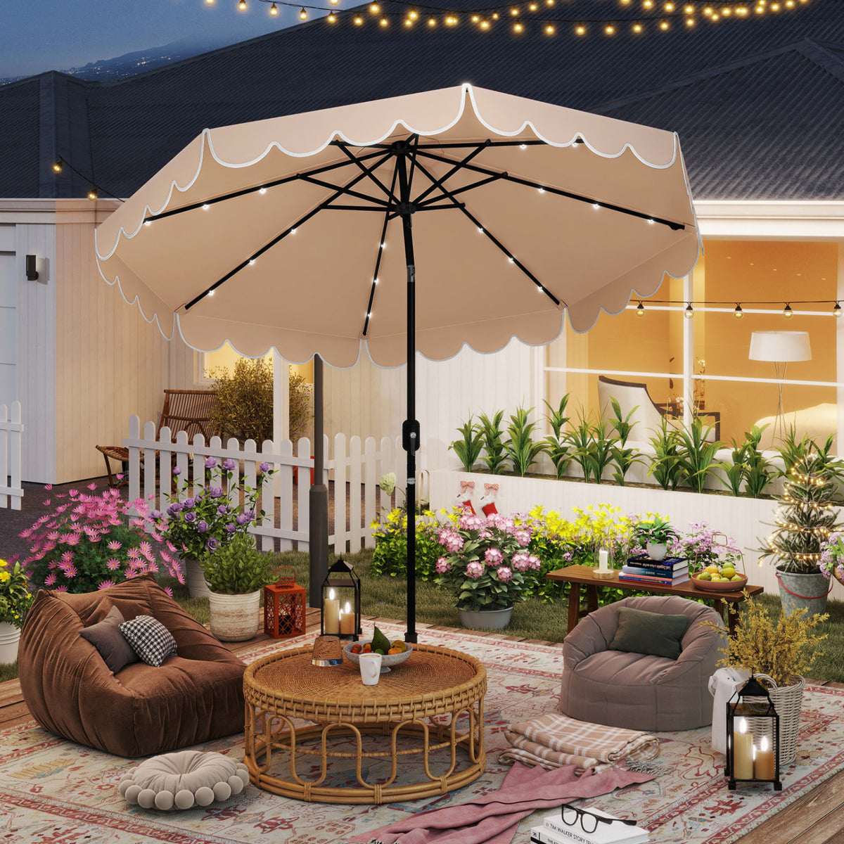 10 Feet Solar Patio Umbrella with 24 LED Lights-Beige