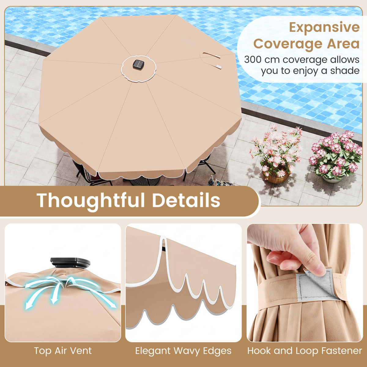 10 Feet Solar Patio Umbrella with 24 LED Lights-Beige