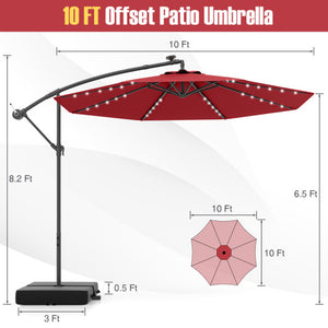 10 Ft Patio Umbrella Offset Cantilever Umbrella with 40 Solar Powered Lights-Red