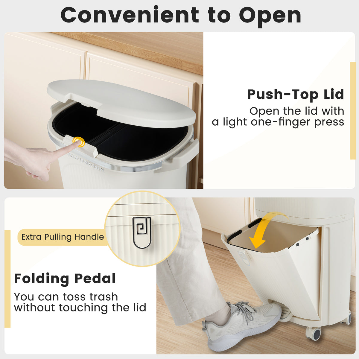 10 Gallon Kitchen Trash Can Double-Layer with Lid and 2 Removable Buckets-Beige