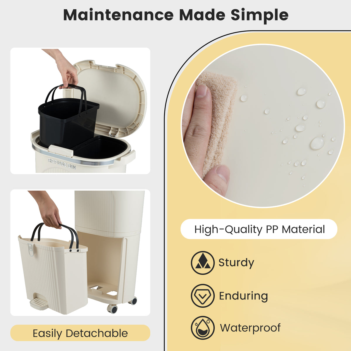 10 Gallon Kitchen Trash Can Double-Layer with Lid and 2 Removable Buckets-Beige