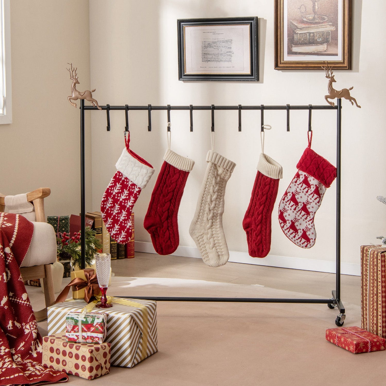 10-Hook Christmas Stocking Holder Stand on Wheels Freestanding Rack-Black by DirectDeals