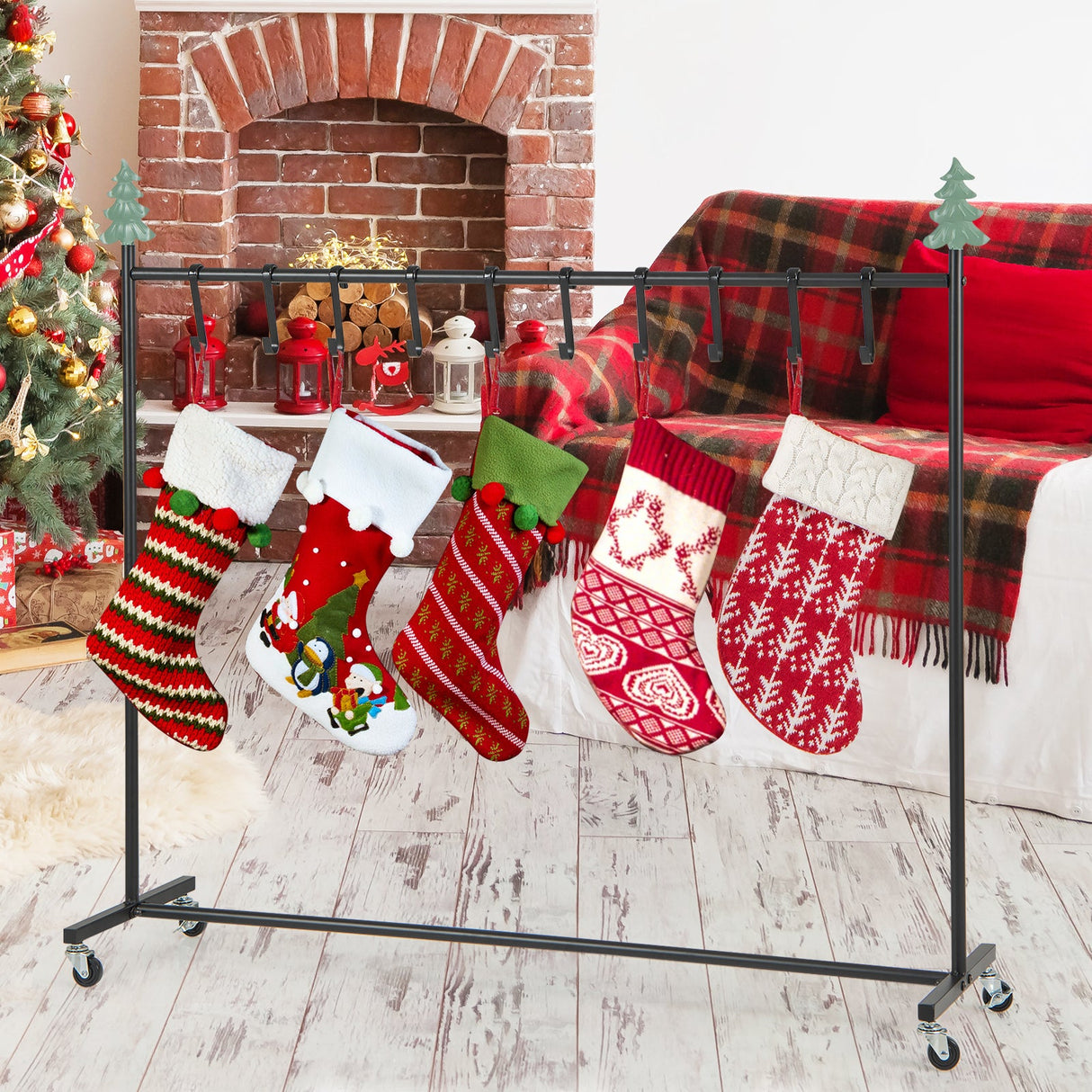 10-Hook Christmas Stocking Holder Stand on Wheels Freestanding Rack-Black by DirectDeals
