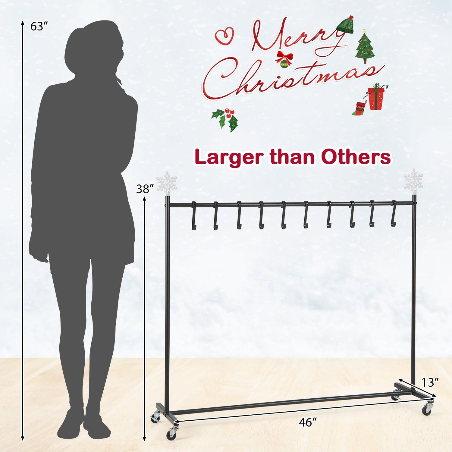 10-Hook Christmas Stocking Holder Stand on Wheels Freestanding Rack-Black by DirectDeals