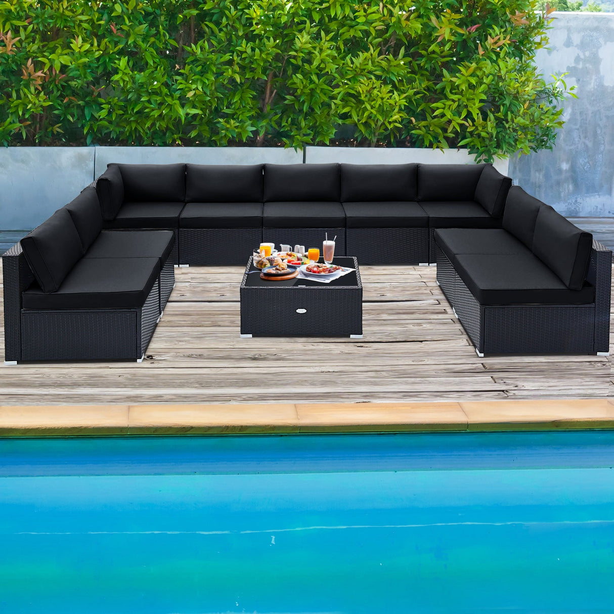 10 Piece Outdoor Wicker Conversation Set with Seat and Back Cushions-Black by DirectDeals