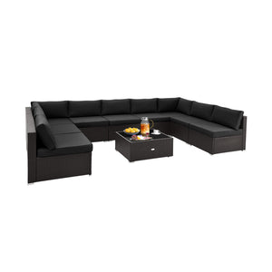 10 Piece Outdoor Wicker Conversation Set with Seat and Back Cushions-Black by DirectDeals