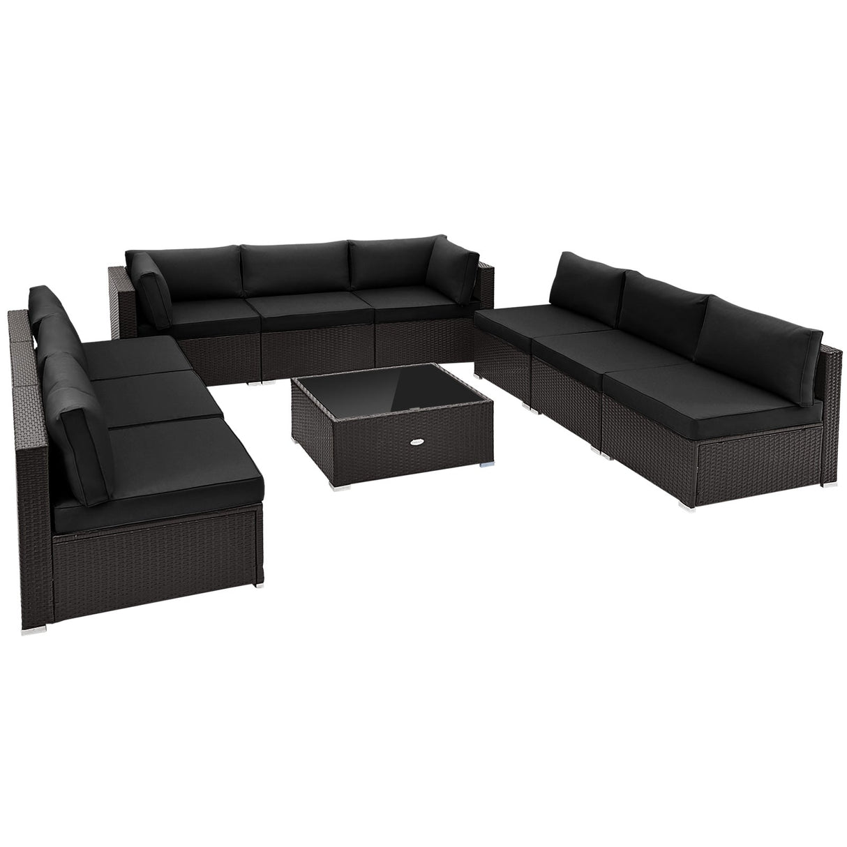 10 Piece Outdoor Wicker Conversation Set with Seat and Back Cushions-Black by DirectDeals