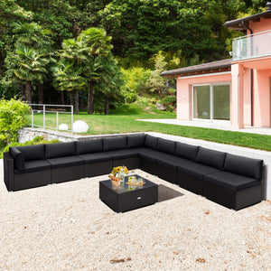 10 Piece Outdoor Wicker Conversation Set with Seat and Back Cushions-Black by DirectDeals