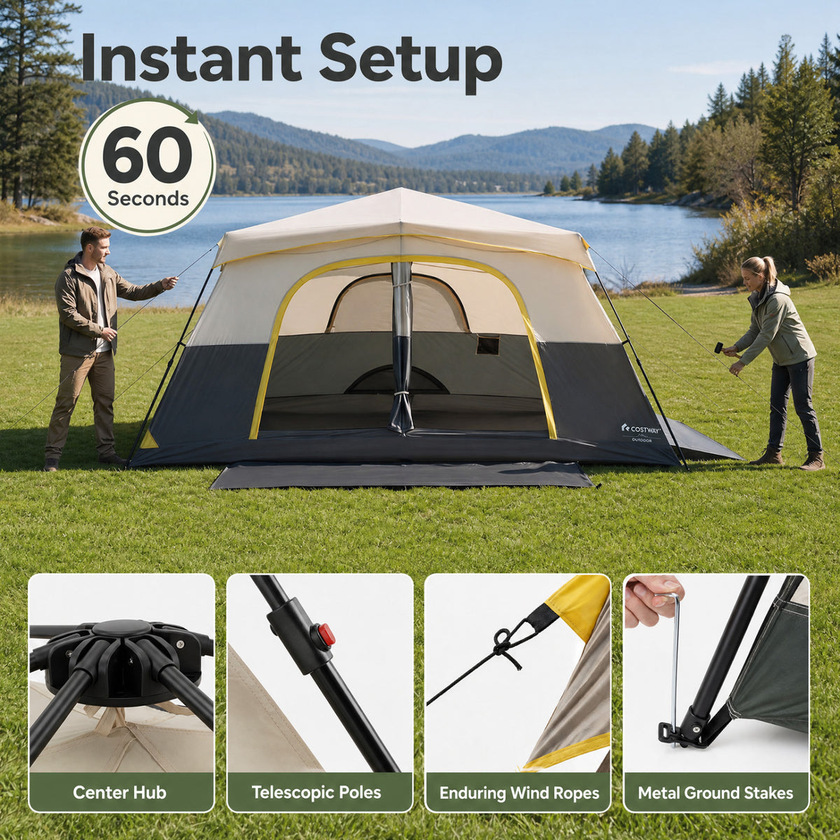 10 Person Instant Cabin Camping Tent with Rainfly 13 ft x 9 ft Portable Large Family Tent-Beige