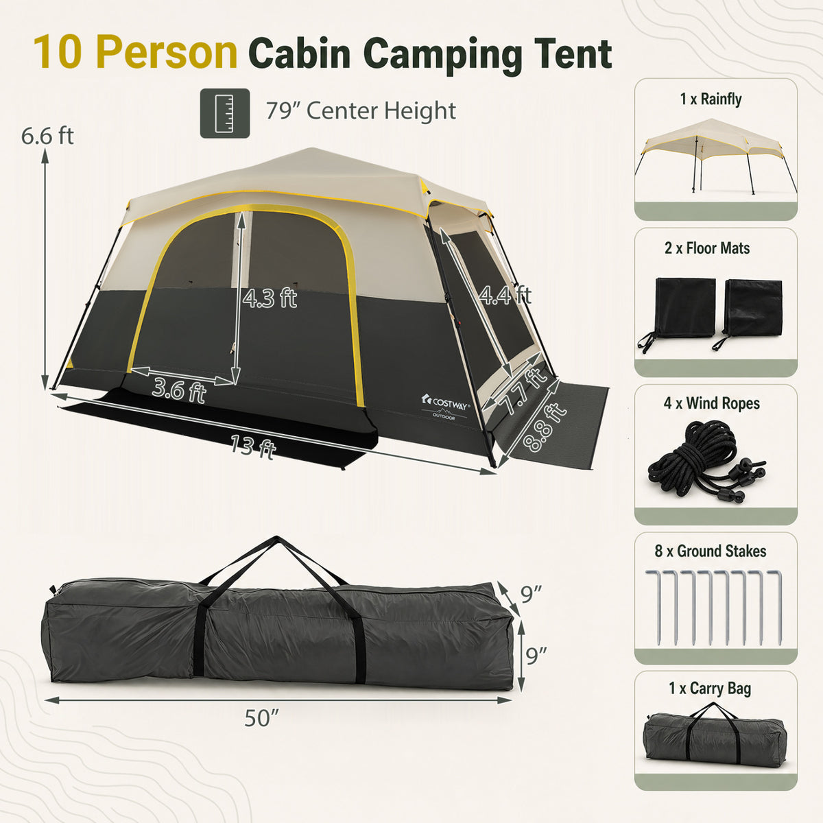 10 Person Instant Cabin Camping Tent with Rainfly 13 ft x 9 ft Portable Large Family Tent-Beige