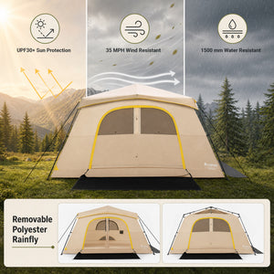 10 Person Instant Cabin Camping Tent with Rainfly 13 ft x 9 ft Portable Large Family Tent-Coffee