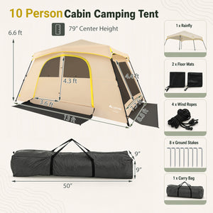 10 Person Instant Cabin Camping Tent with Rainfly 13 ft x 9 ft Portable Large Family Tent-Coffee