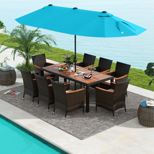 10 Piece Outdoor Dining Set with 15 Feet Double-Sided Twin Patio Umbrella-Turquoise
