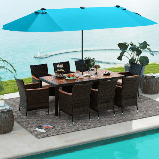 10 Piece Outdoor Dining Set with 15 Feet Double-Sided Twin Patio Umbrella-Turquoise