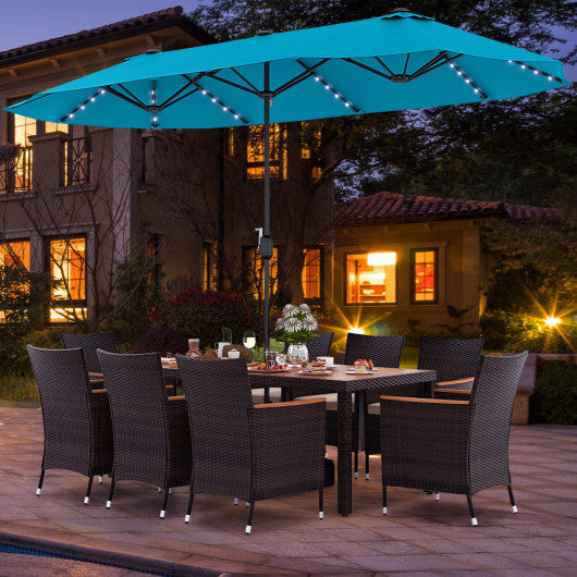 10 Piece Outdoor Dining Set with 15 Feet Double-Sided Twin Patio Umbrella-Turquoise
