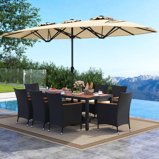10 Piece Outdoor Dining Set with 15 Feet Double-Sided Twin Umbrella-Beige