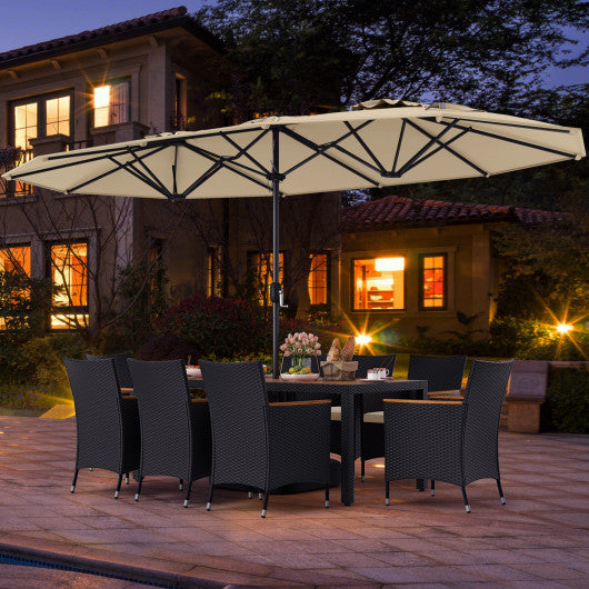10 Piece Outdoor Dining Set with 15 Feet Double-Sided Twin Umbrella-Beige