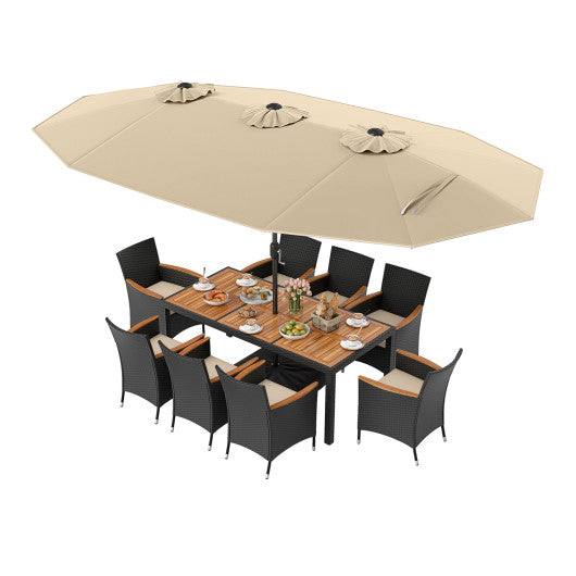 10 Piece Outdoor Dining Set with 15 Feet Double-Sided Twin Umbrella-Beige